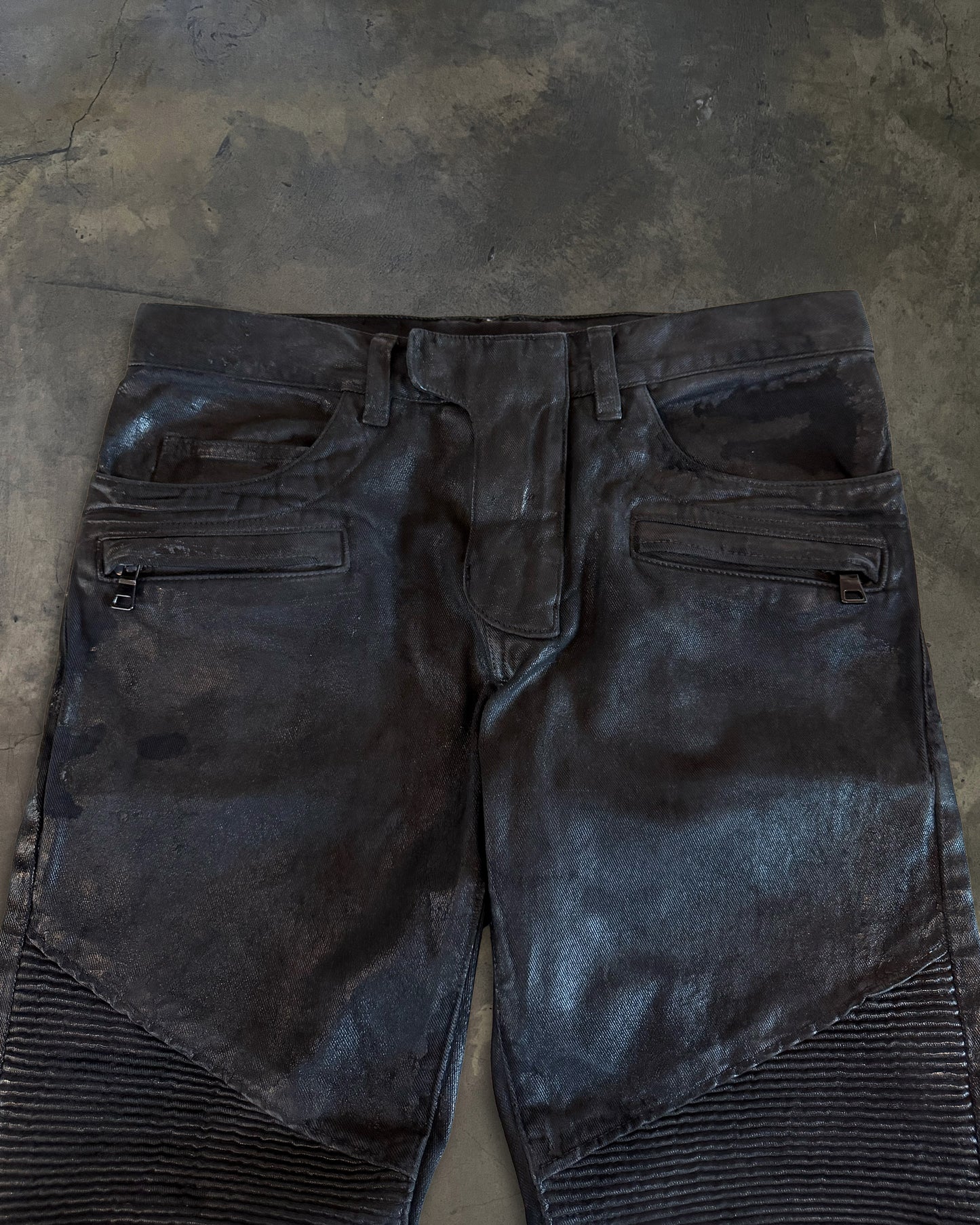 BALMAIN AW2015 BLACK WAXED COATED BIKER DENIM