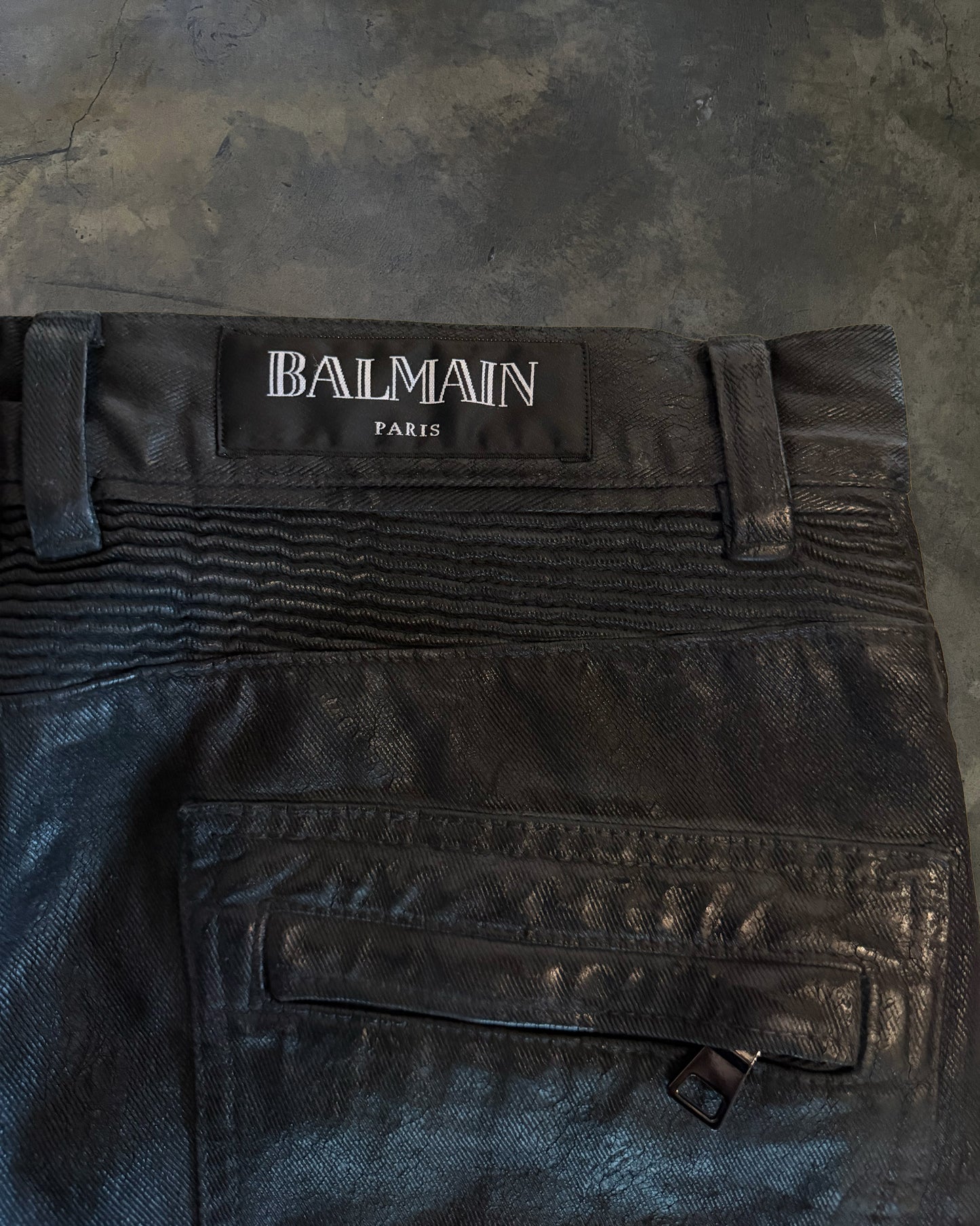 BALMAIN AW2015 BLACK WAXED COATED BIKER DENIM