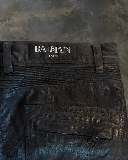 BALMAIN AW2015 BLACK WAXED COATED BIKER DENIM