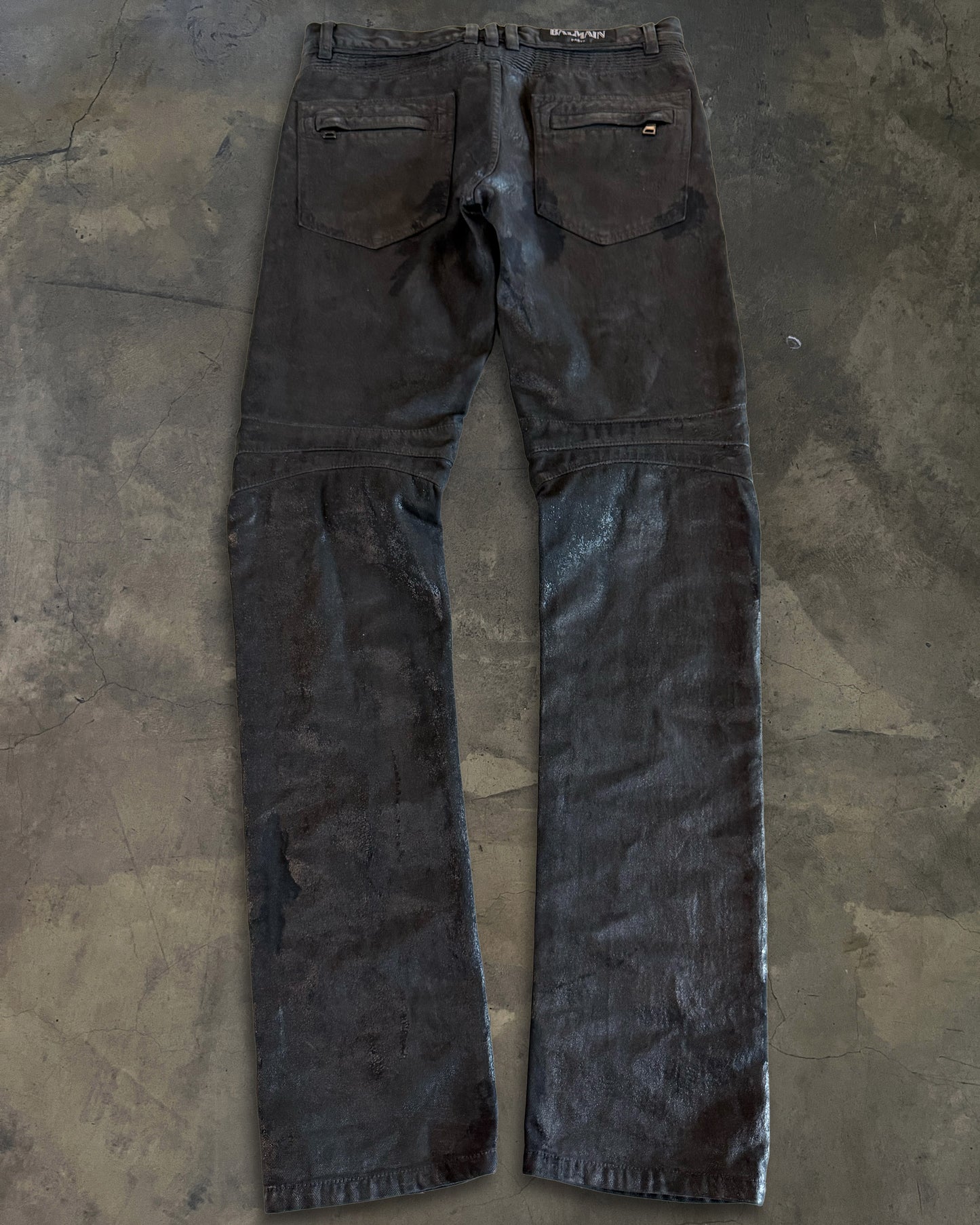 BALMAIN AW2015 BLACK WAXED COATED BIKER DENIM