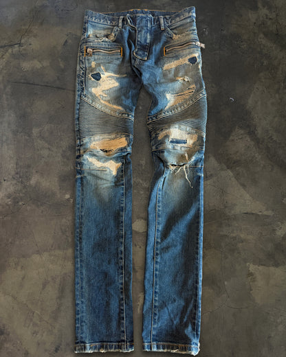 BALMAIN SS2014 DISTRESSED BIKER DENIM
