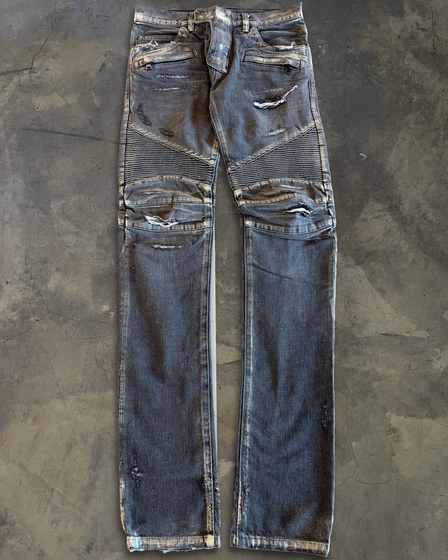 BALMAIN SS2014 SILVER WAXED DISTRESSED BIKER JEANS