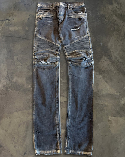 BALMAIN SS2014 SILVER WAXED DISTRESSED BIKER JEANS
