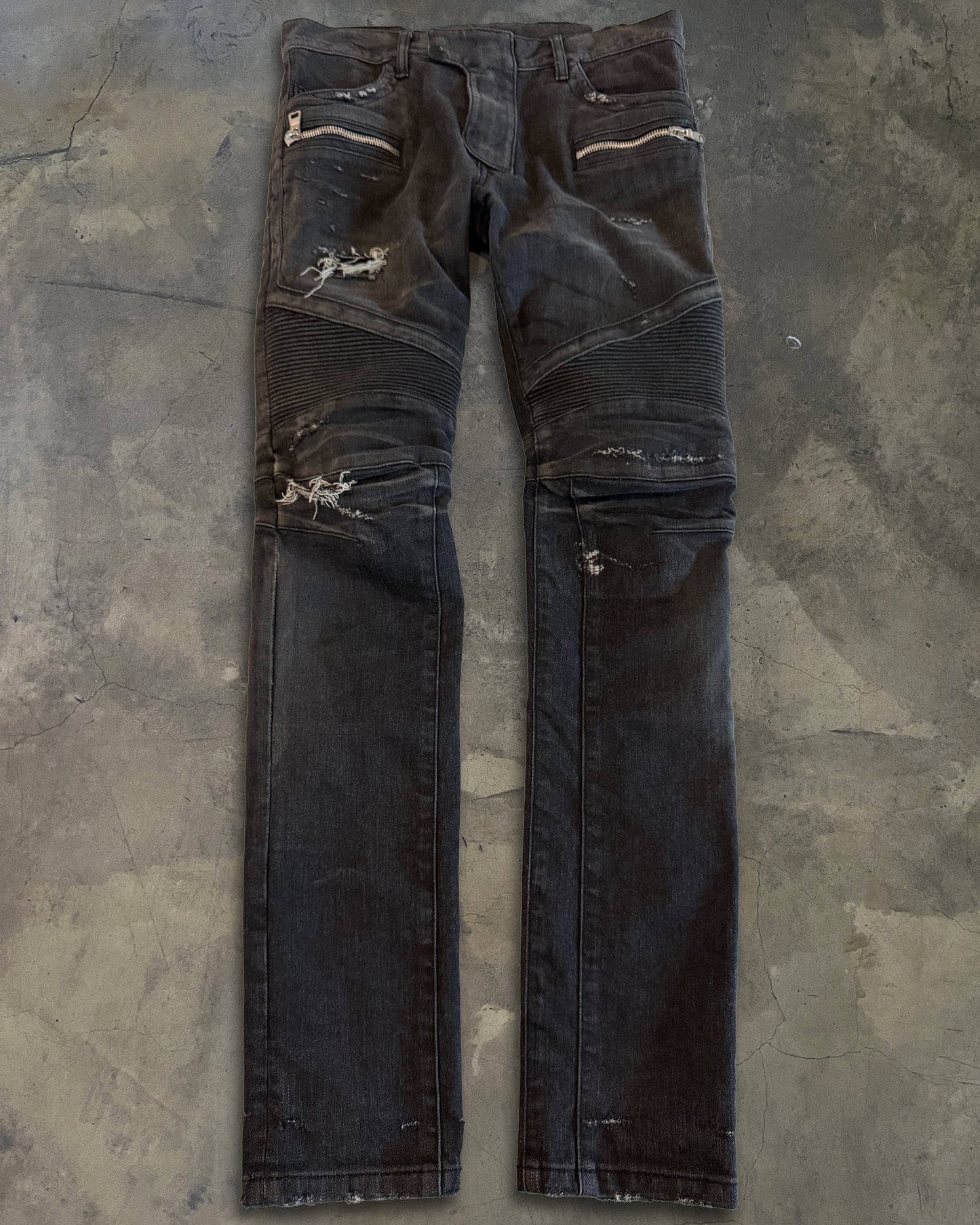 BALMAIN SS2014 REPARIED BLACK BIKER DENIM
