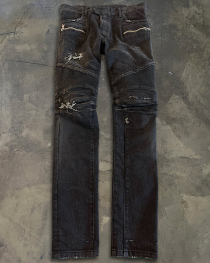 BALMAIN SS2014 REPARIED BLACK BIKER DENIM