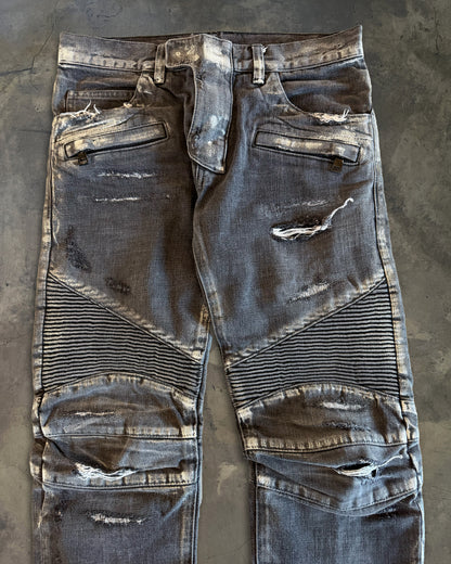 BALMAIN SS2014 SILVER WAXED DISTRESSED BIKER JEANS