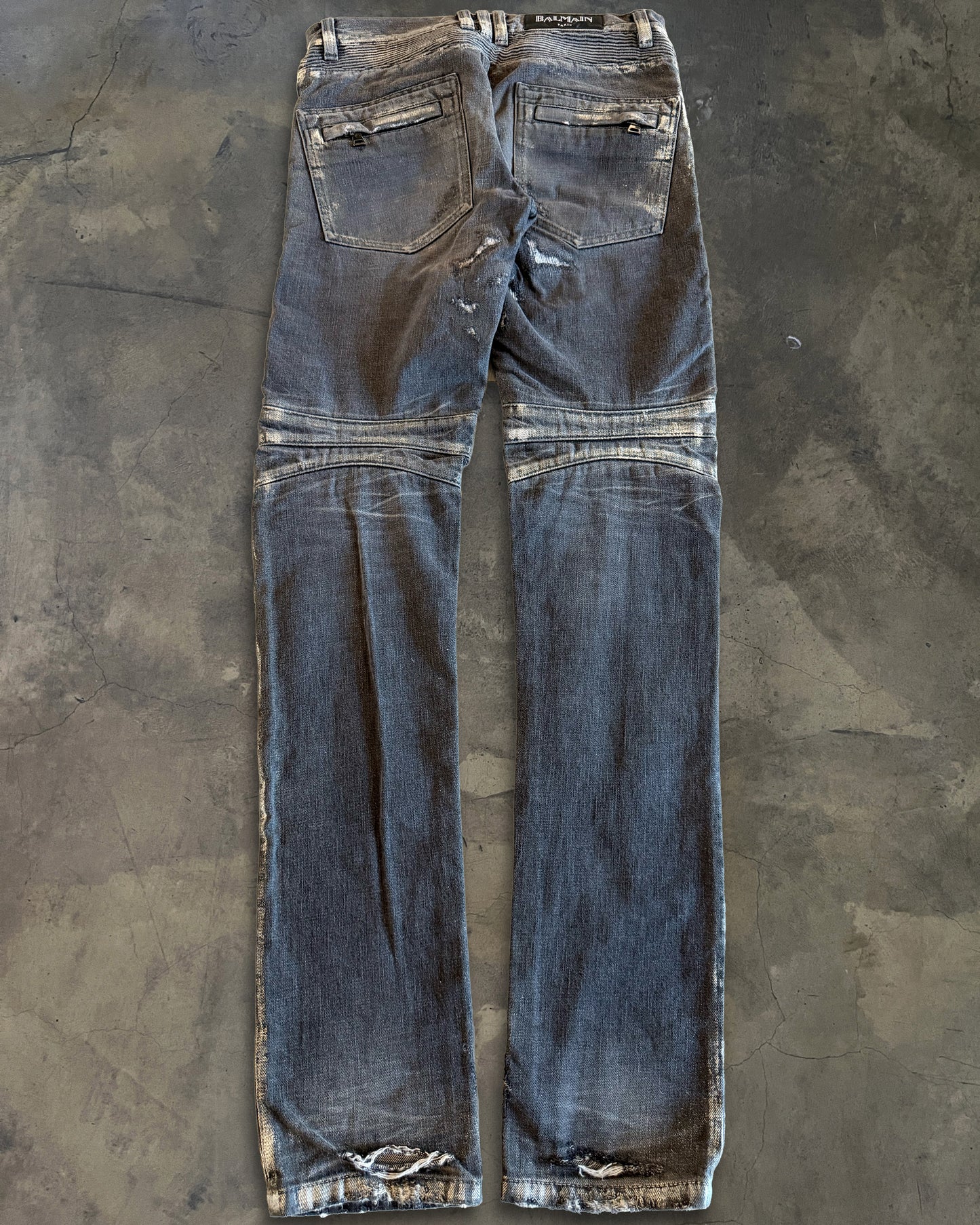 BALMAIN SS2014 SILVER WAXED DISTRESSED BIKER JEANS