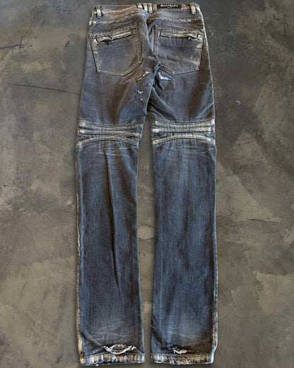 BALMAIN SS2014 SILVER WAXED DISTRESSED BIKER JEANS