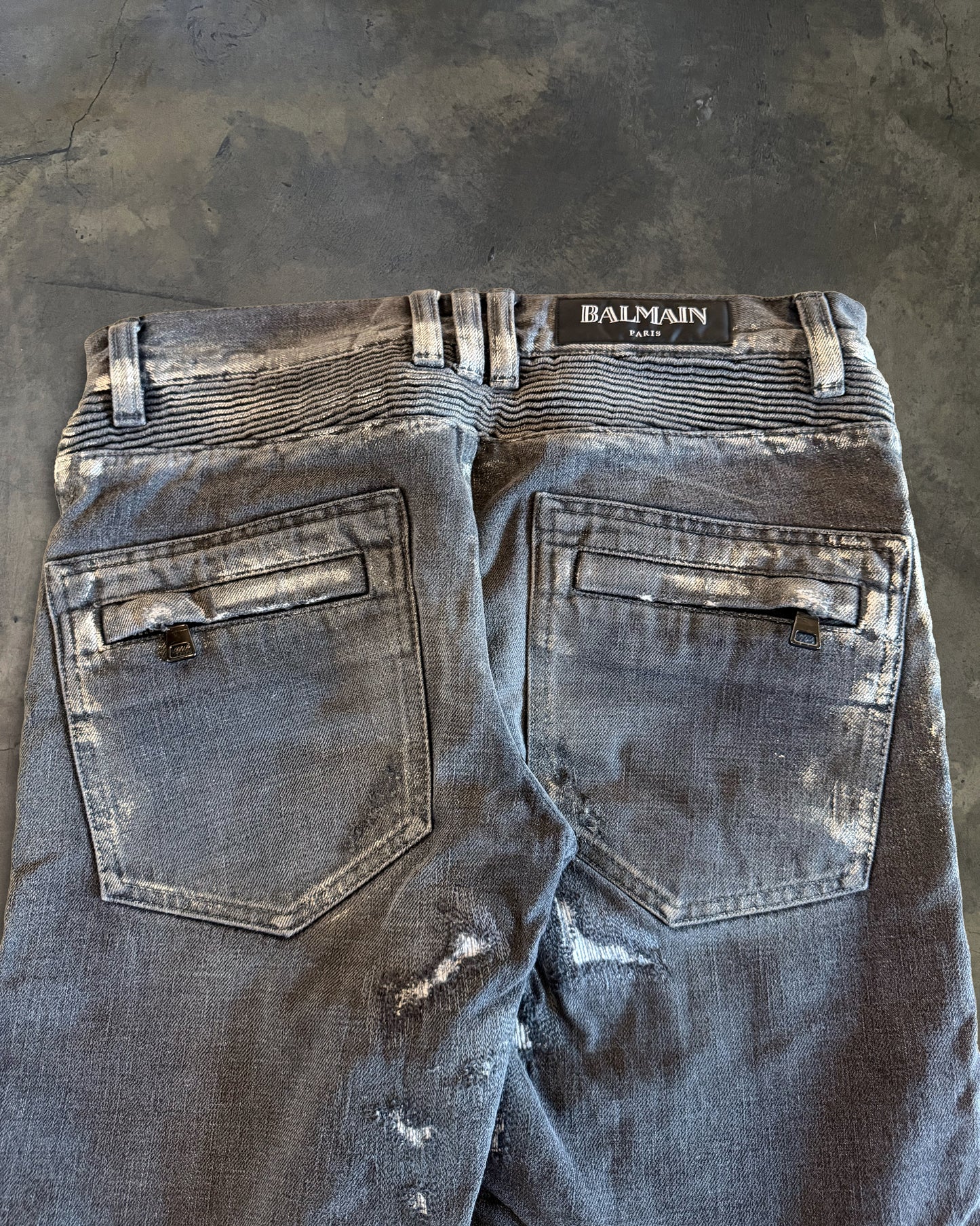 BALMAIN SS2014 SILVER WAXED DISTRESSED BIKER JEANS