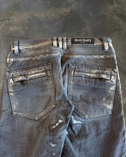 BALMAIN SS2014 SILVER WAXED DISTRESSED BIKER JEANS