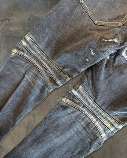 BALMAIN SS2014 SILVER WAXED DISTRESSED BIKER JEANS