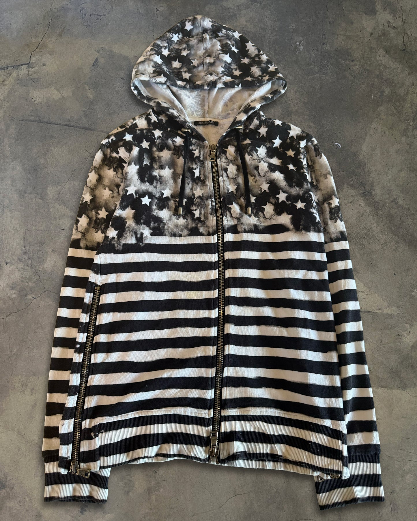 BALMAIN SS2014 NAVY STRIPED STAR ZIP UP HOODIE