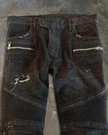 BALMAIN SS2014 REPARIED BLACK BIKER DENIM