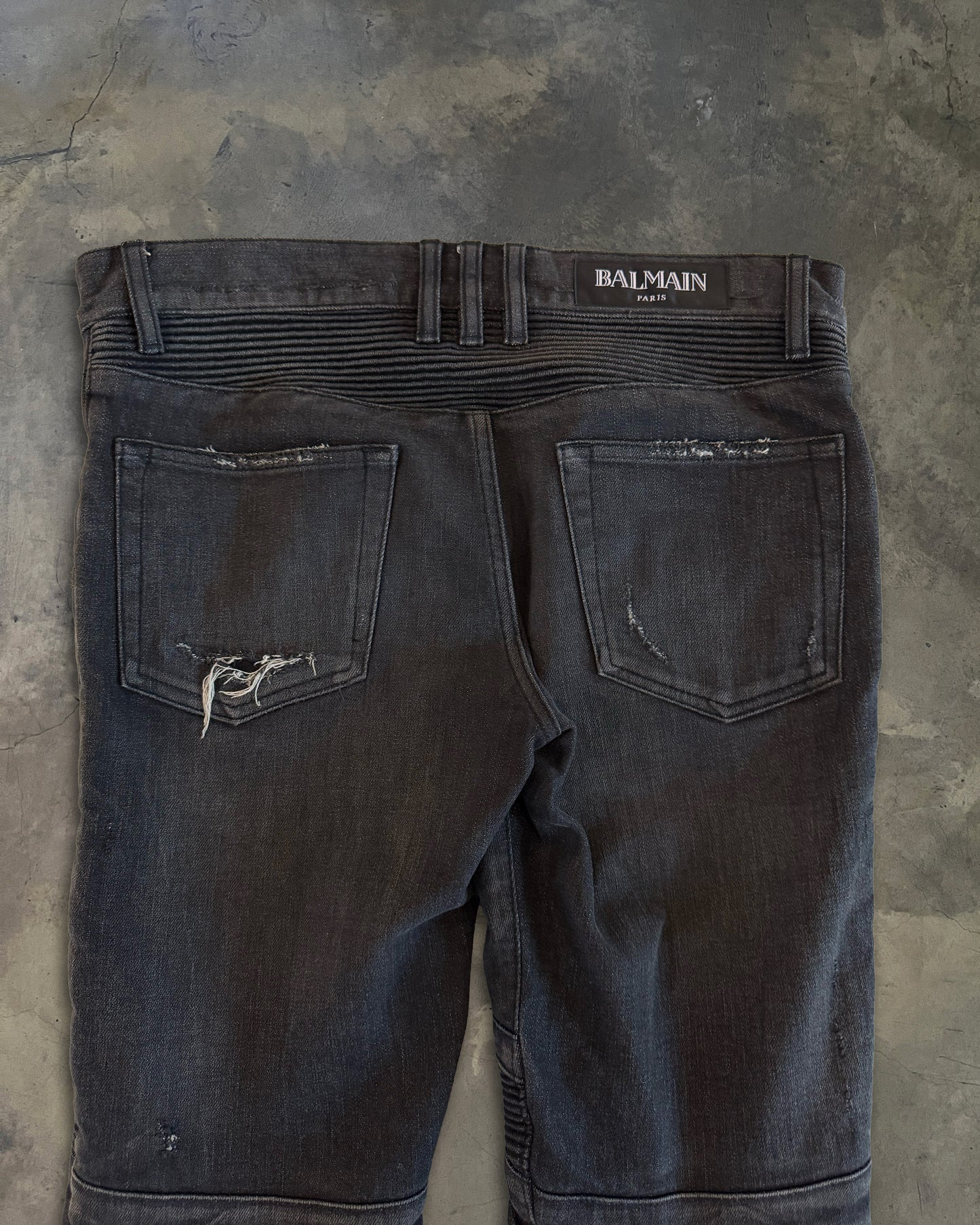 BALMAIN SS2014 REPARIED BLACK BIKER DENIM