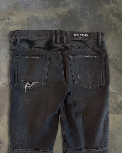 BALMAIN SS2014 REPARIED BLACK BIKER DENIM