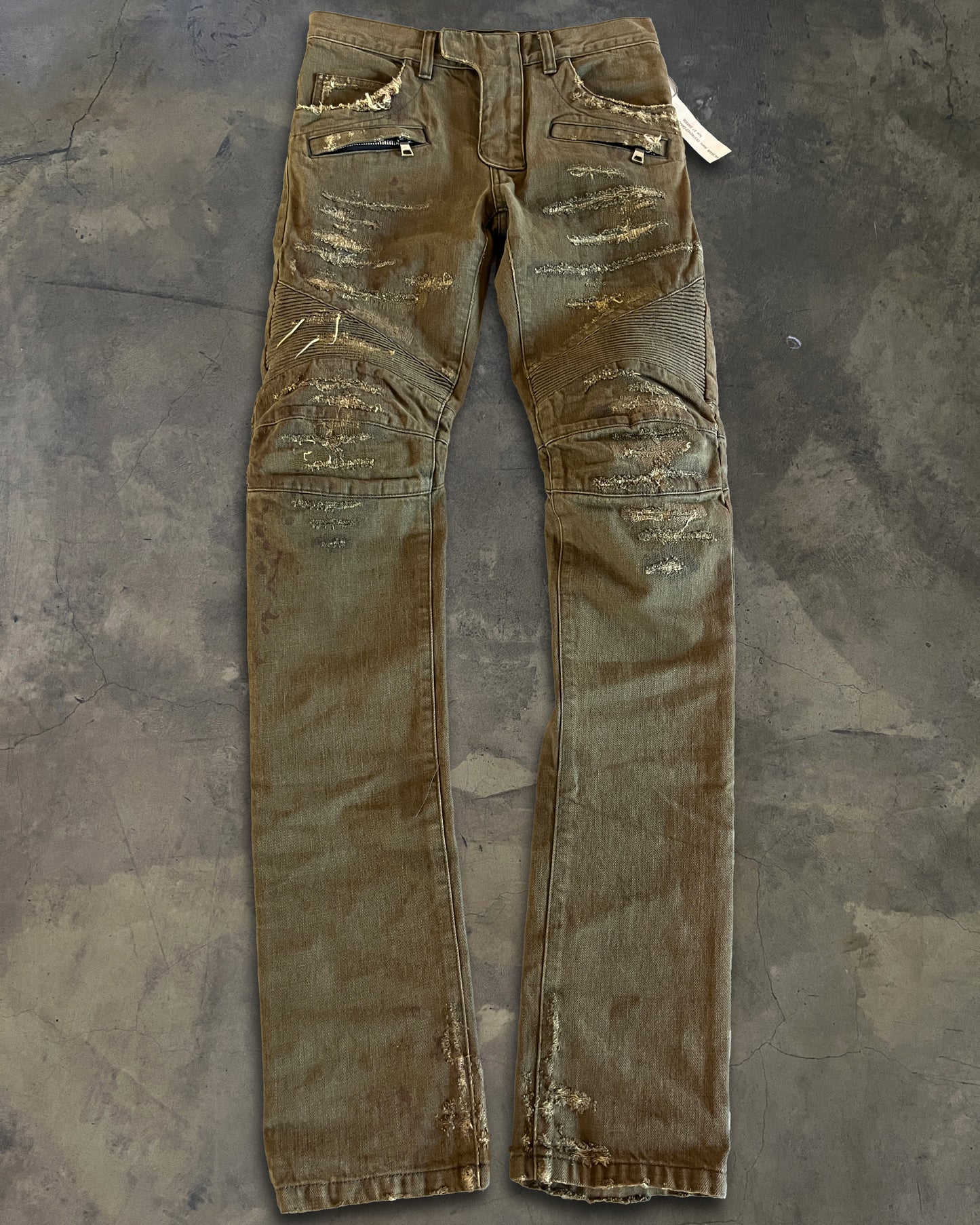 BALMAIN DISTRESSED OLIVE BIKER DENIM