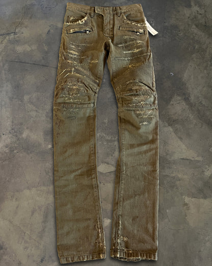 BALMAIN DISTRESSED OLIVE BIKER DENIM
