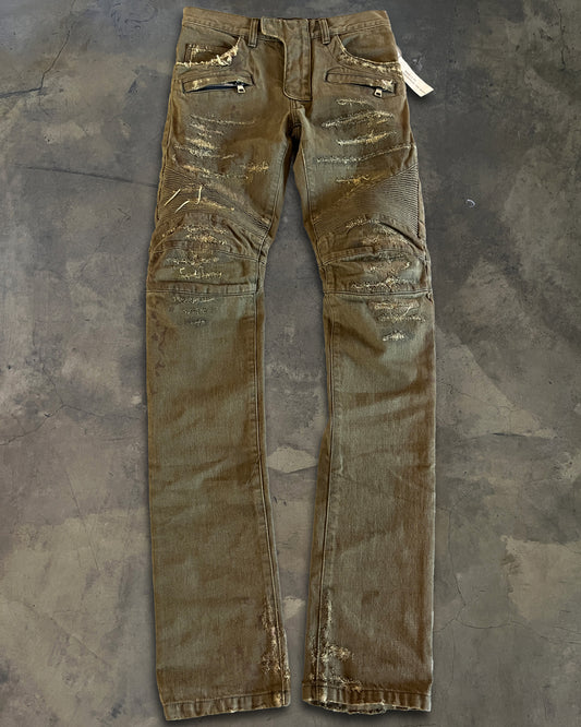 BALMAIN DISTRESSED OLIVE BIKER DENIM