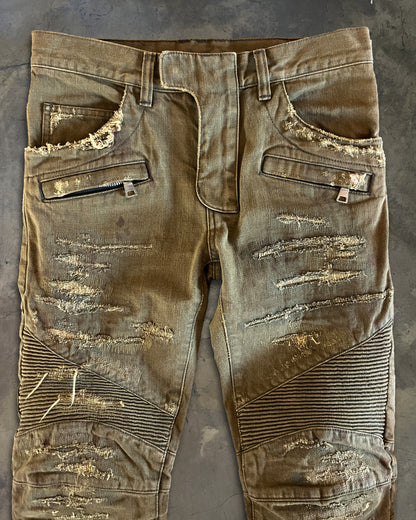 BALMAIN DISTRESSED OLIVE BIKER DENIM