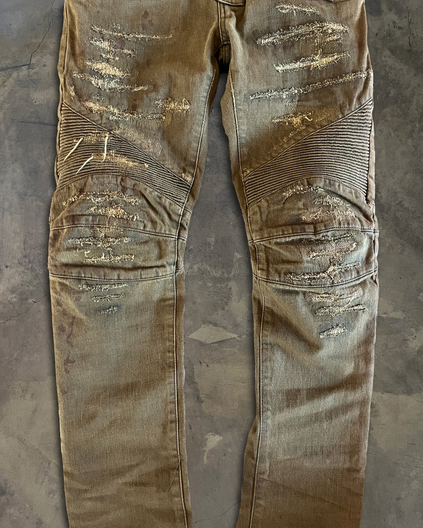 BALMAIN DISTRESSED OLIVE BIKER DENIM