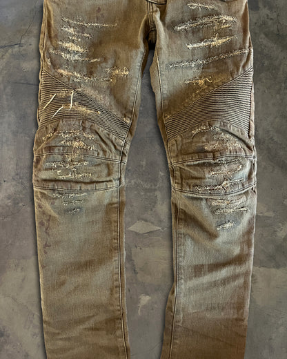 BALMAIN DISTRESSED OLIVE BIKER DENIM