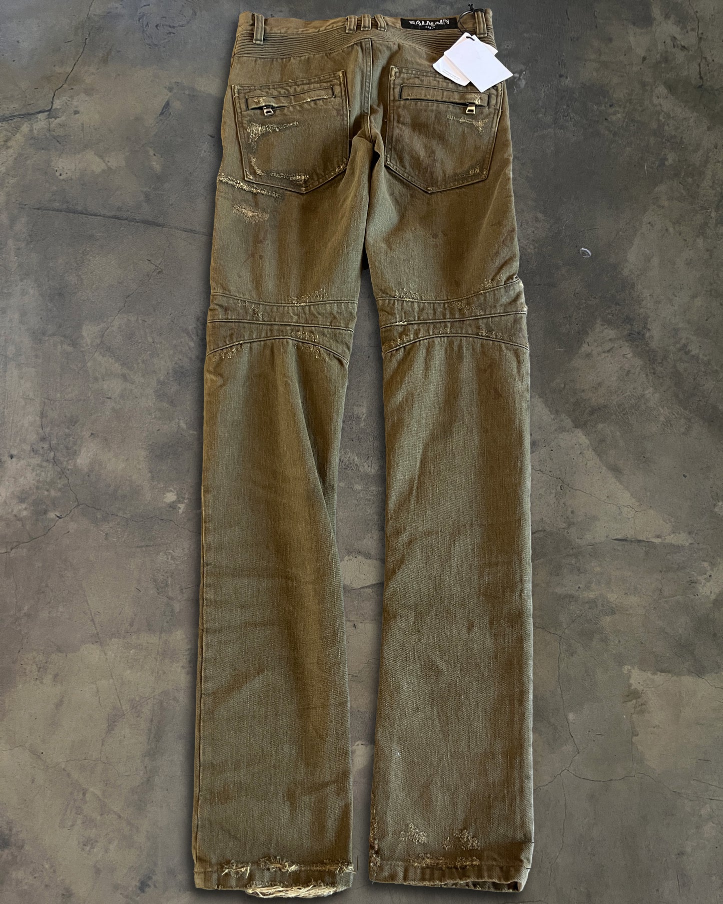 BALMAIN DISTRESSED OLIVE BIKER DENIM