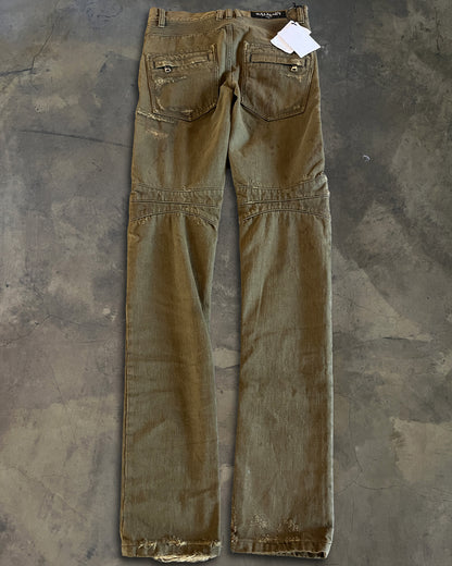 BALMAIN DISTRESSED OLIVE BIKER DENIM