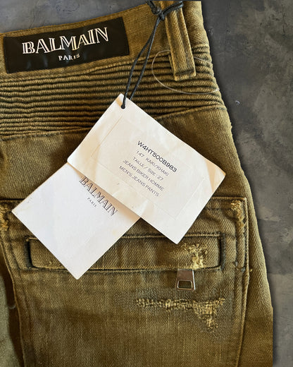 BALMAIN DISTRESSED OLIVE BIKER DENIM