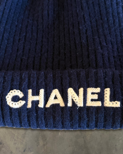 CHANEL NAVY BLUE SEQUIN EMBELLISHED CC BEANIE