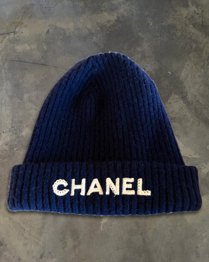 CHANEL NAVY BLUE SEQUIN EMBELLISHED CC BEANIE
