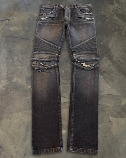 BALMAIN SS2014 REPARIED BLACK BIKER DENIM