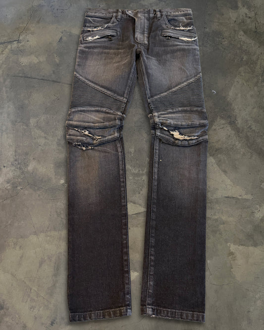 BALMAIN SS2014 REPARIED BLACK BIKER DENIM