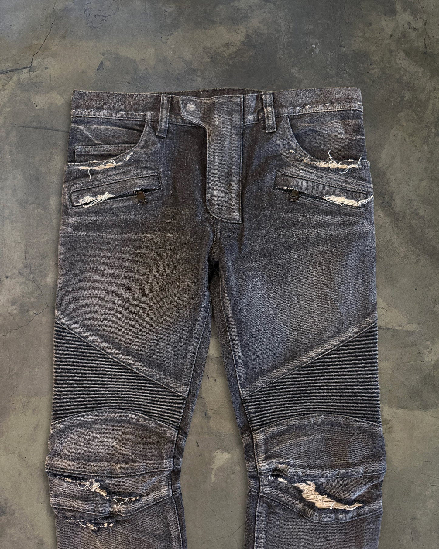BALMAIN SS2014 REPARIED BLACK BIKER DENIM