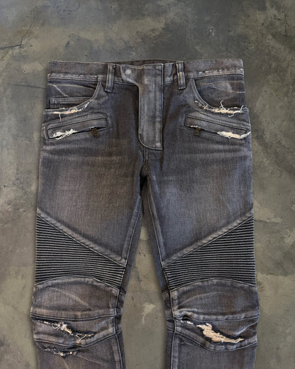 BALMAIN SS2014 REPARIED BLACK BIKER DENIM