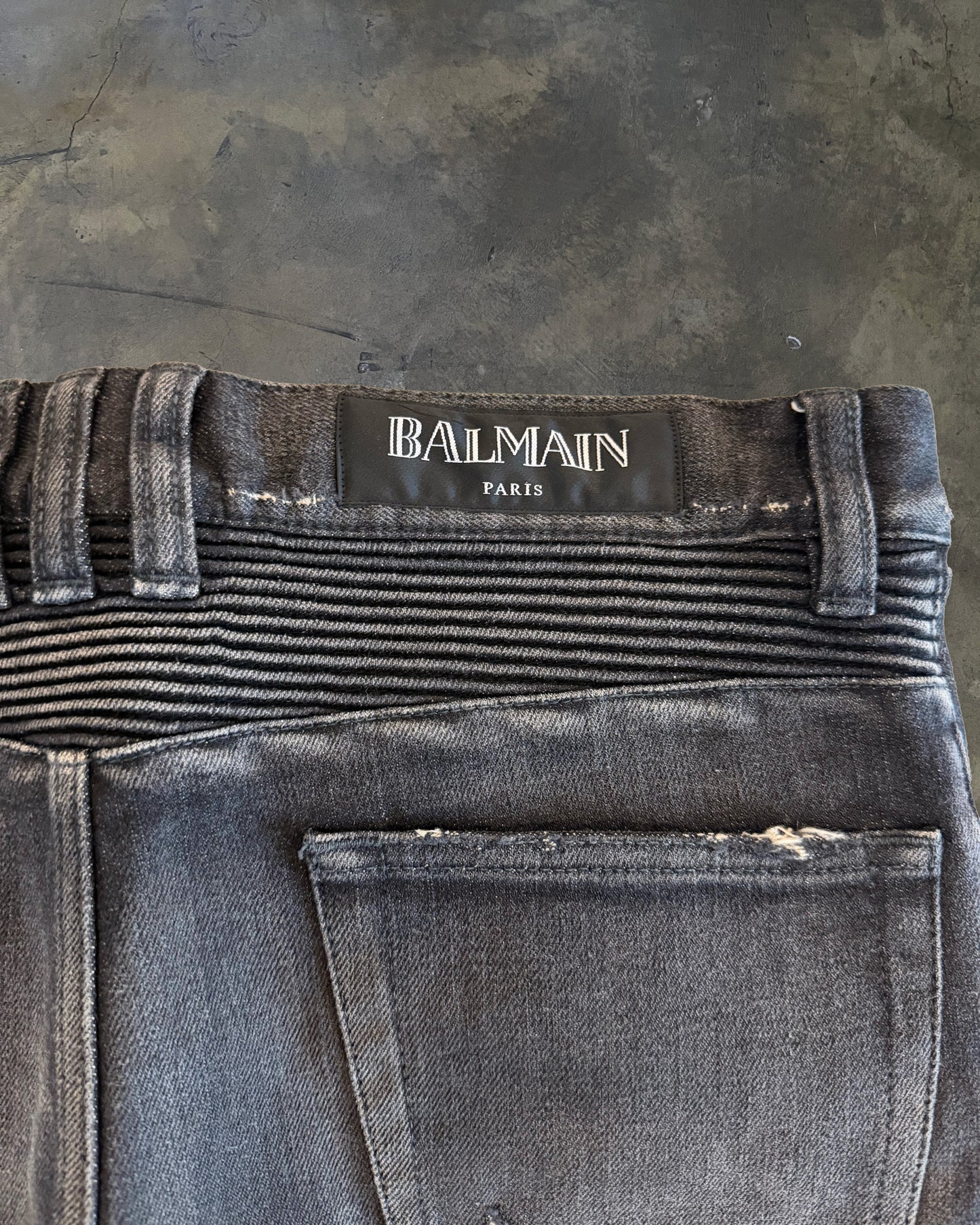 BALMAIN SS2014 REPARIED BLACK BIKER DENIM