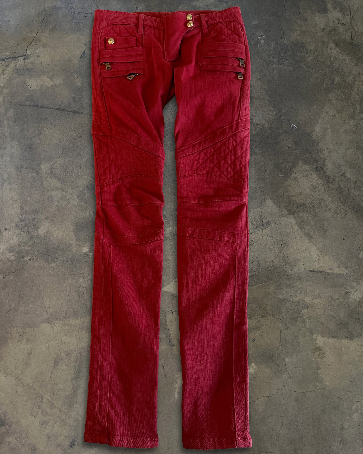 BALMAIN RED BIKER DENIM
