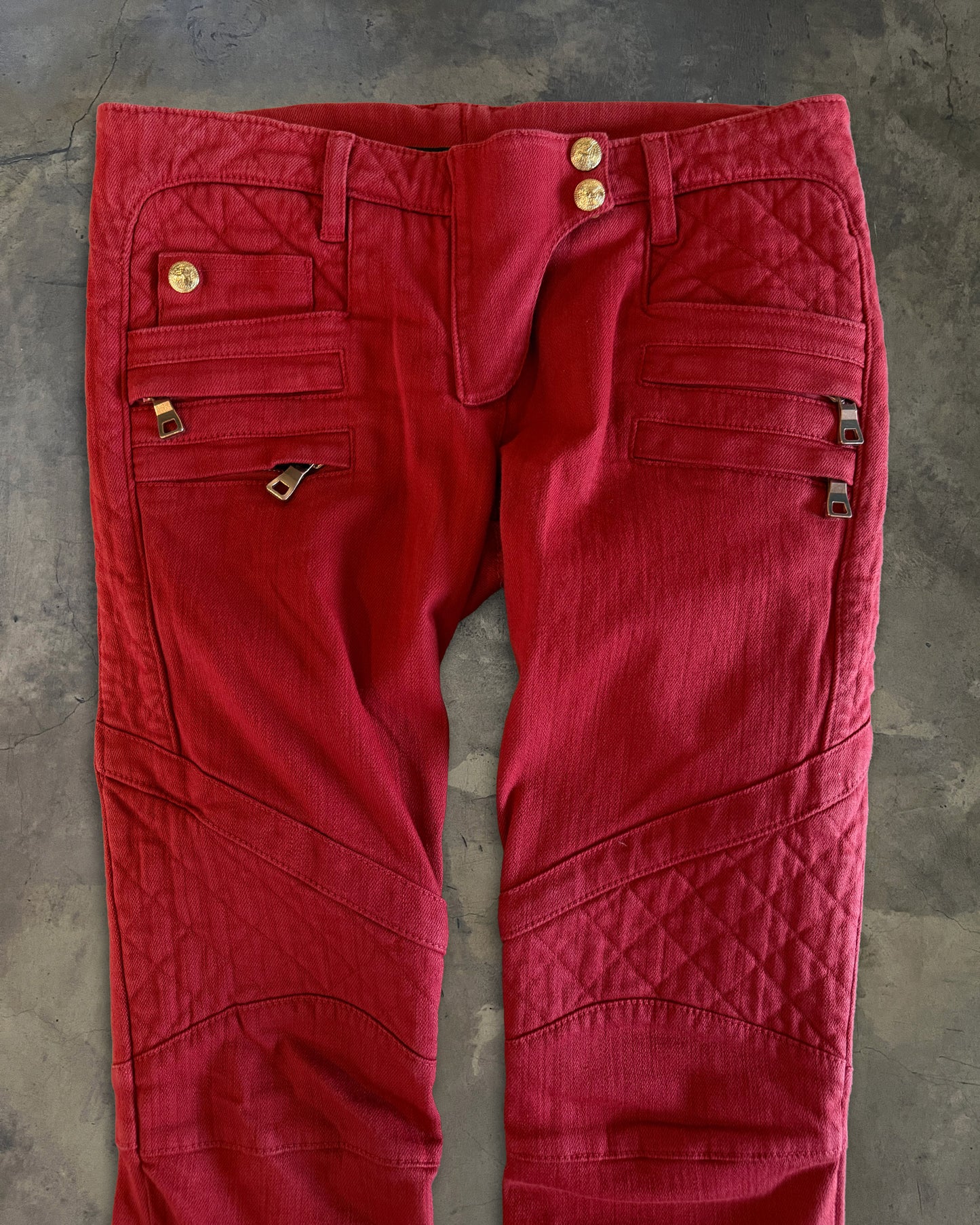 BALMAIN RED BIKER DENIM