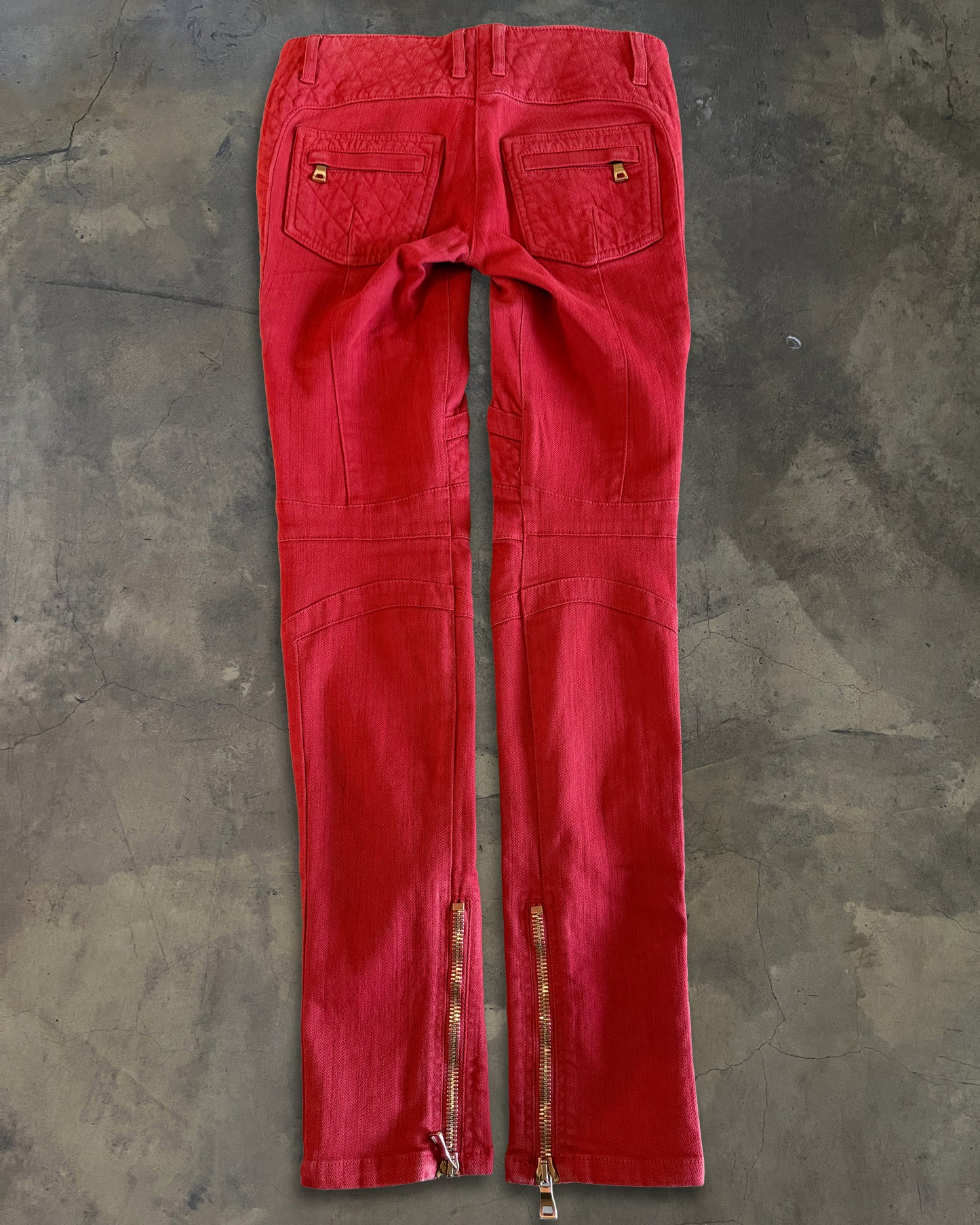 BALMAIN RED BIKER DENIM
