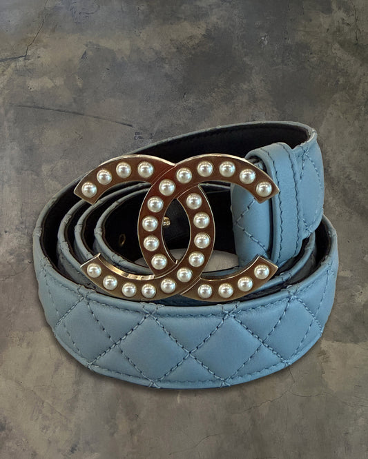 CHANEL BABY BLUE QUILTED CC PEARL BELT
