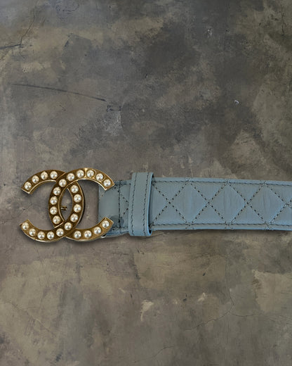 CHANEL BABY BLUE QUILTED CC PEARL BELT