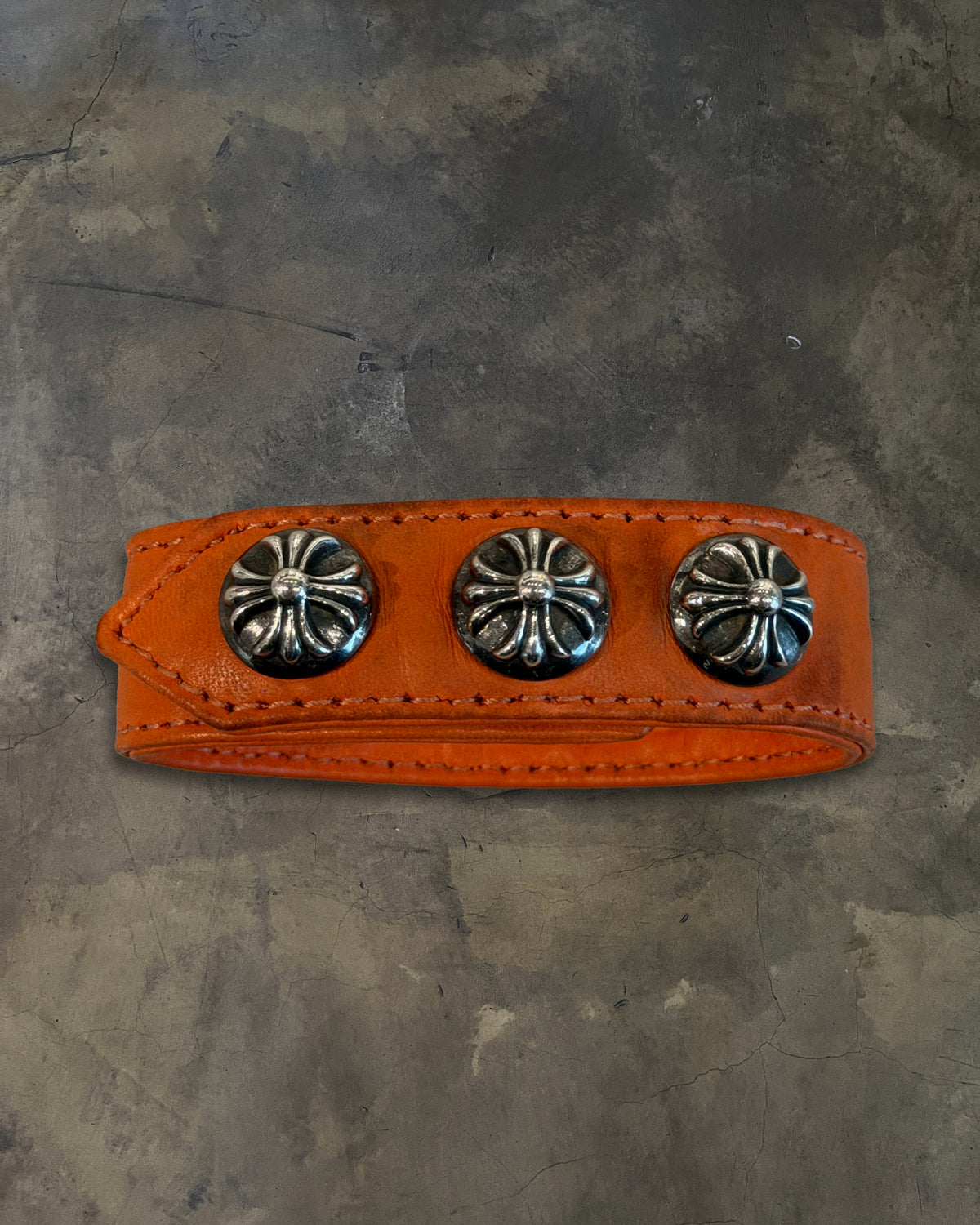 CHROME HEARTS CROSS 3 BUTTON ORANGE LEATHER BRACELET