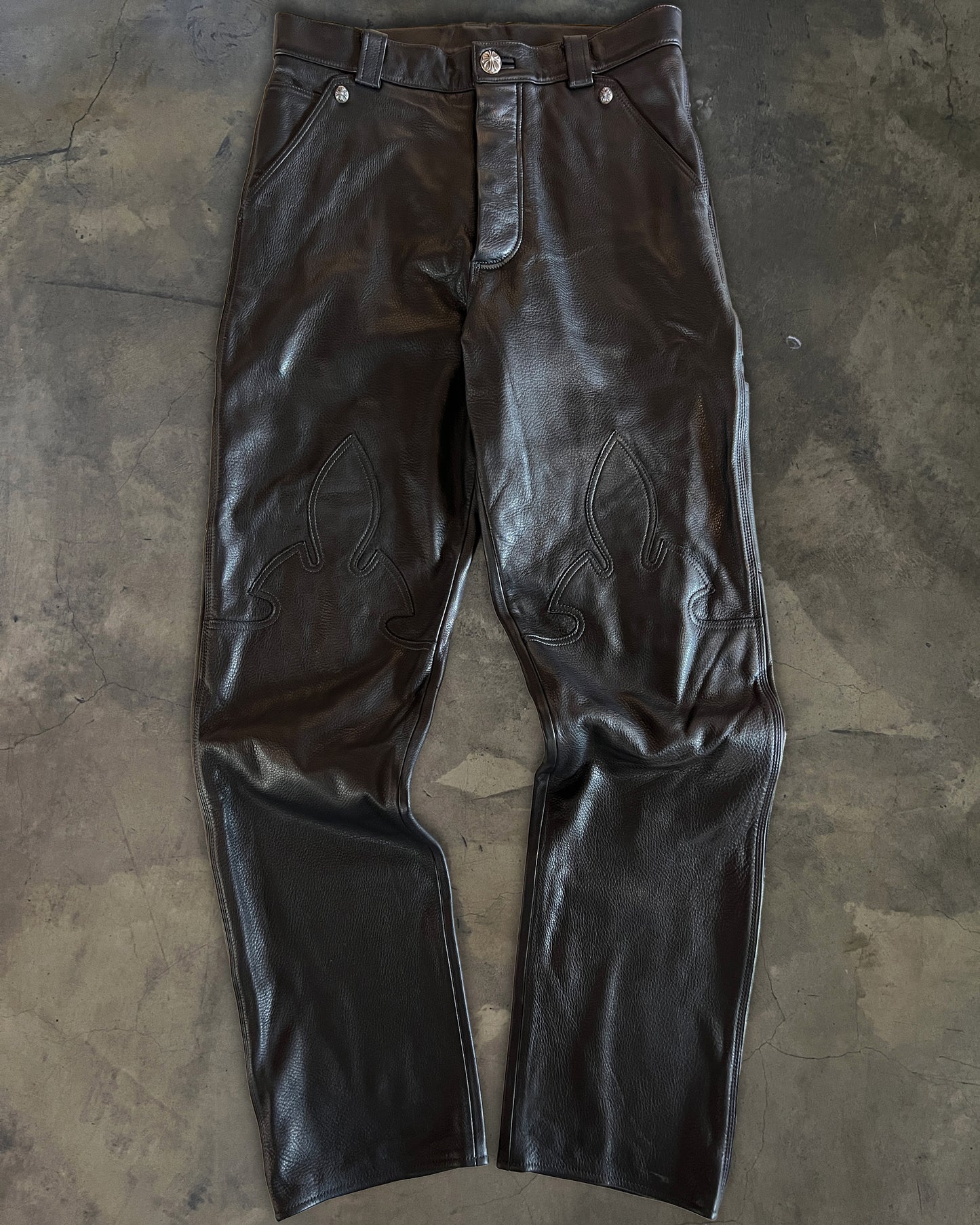 CHROME HEARTS FLEUR KNEE LEATHER PANTS