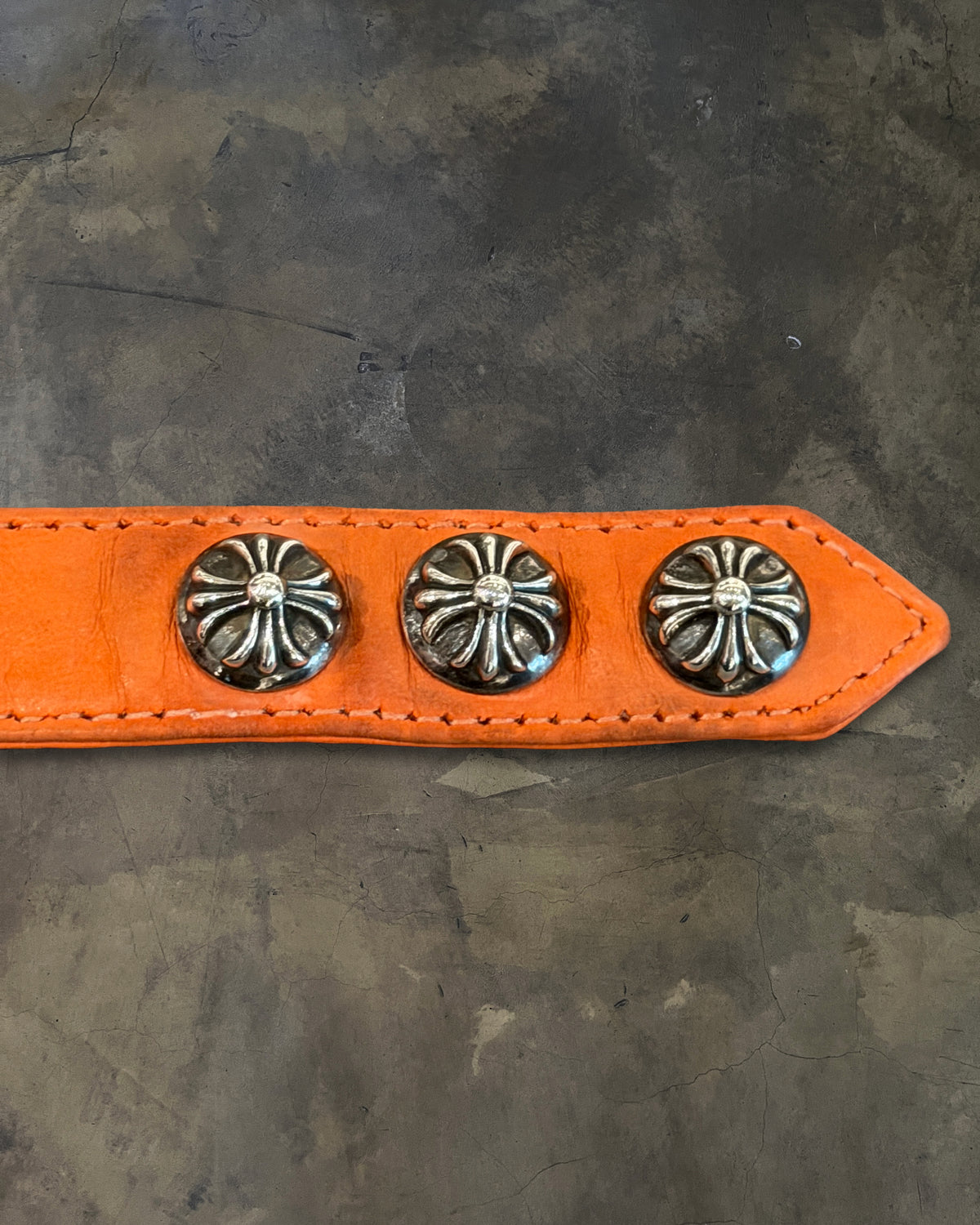 CHROME HEARTS CROSS 3 BUTTON ORANGE LEATHER BRACELET