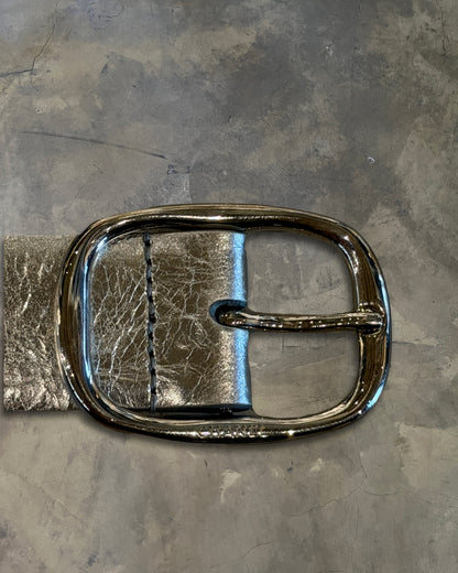 CHANEL METALLIC SILVER EYELET/CRYSTAL EMBELLISHED BELT