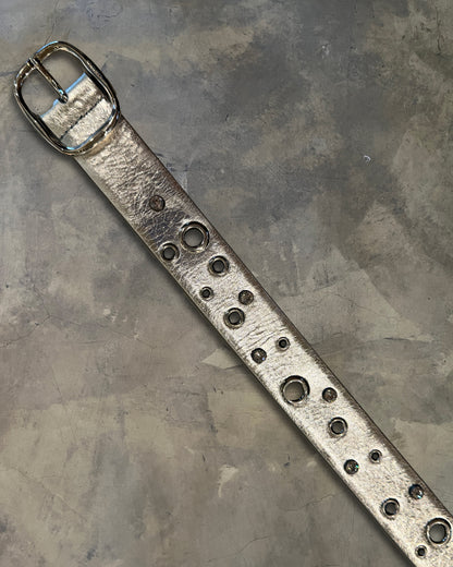 CHANEL METALLIC SILVER EYELET/CRYSTAL EMBELLISHED BELT