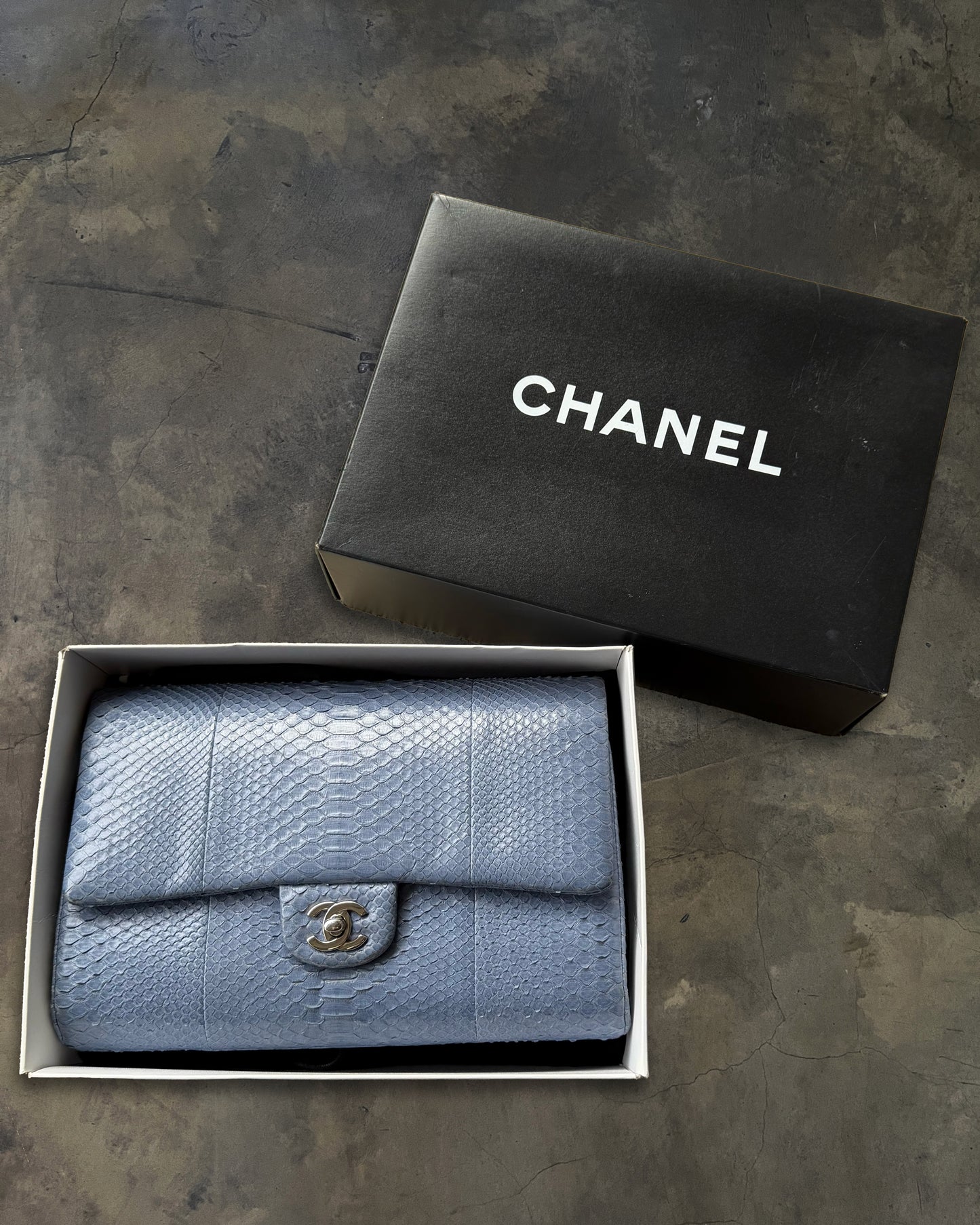 CHANEL 2012 BLUE PYTHON CLASSIC FLAP CLUTCH WITH CHAIN