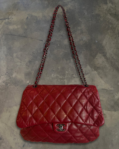 CHANEL 2011 RED MAXI QUILTED LAMBSKIN 3 ACCORDIAN FLAP