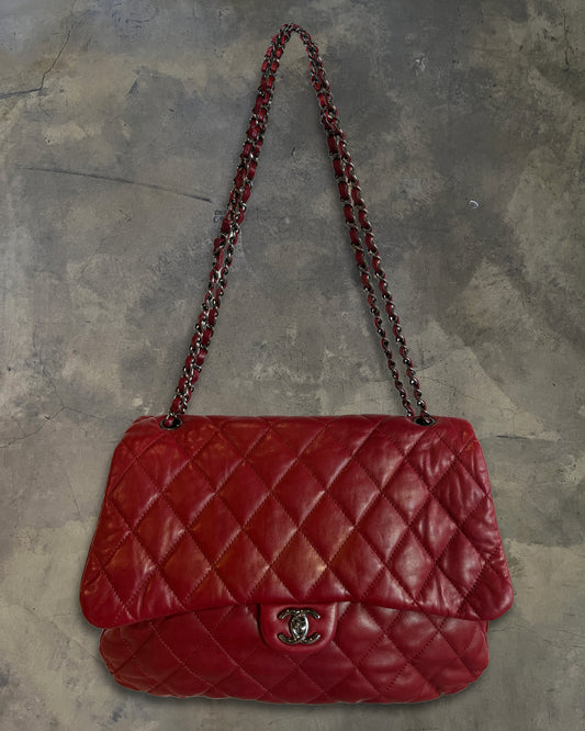 CHANEL 2011 RED MAXI QUILTED LAMBSKIN 3 ACCORDIAN FLAP