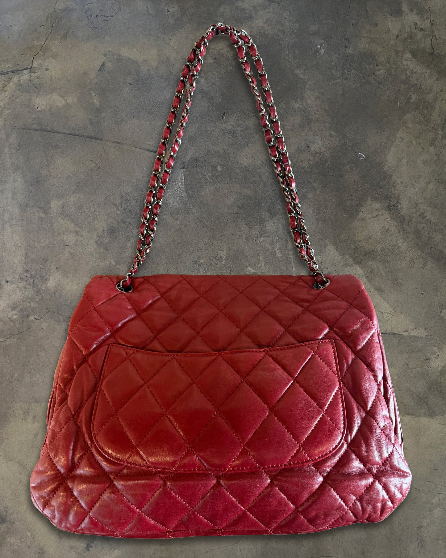 CHANEL 2011 RED MAXI QUILTED LAMBSKIN 3 ACCORDIAN FLAP
