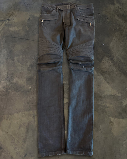 BALMAIN AW2015 BLACK WAXED COATED BIKER DENIM